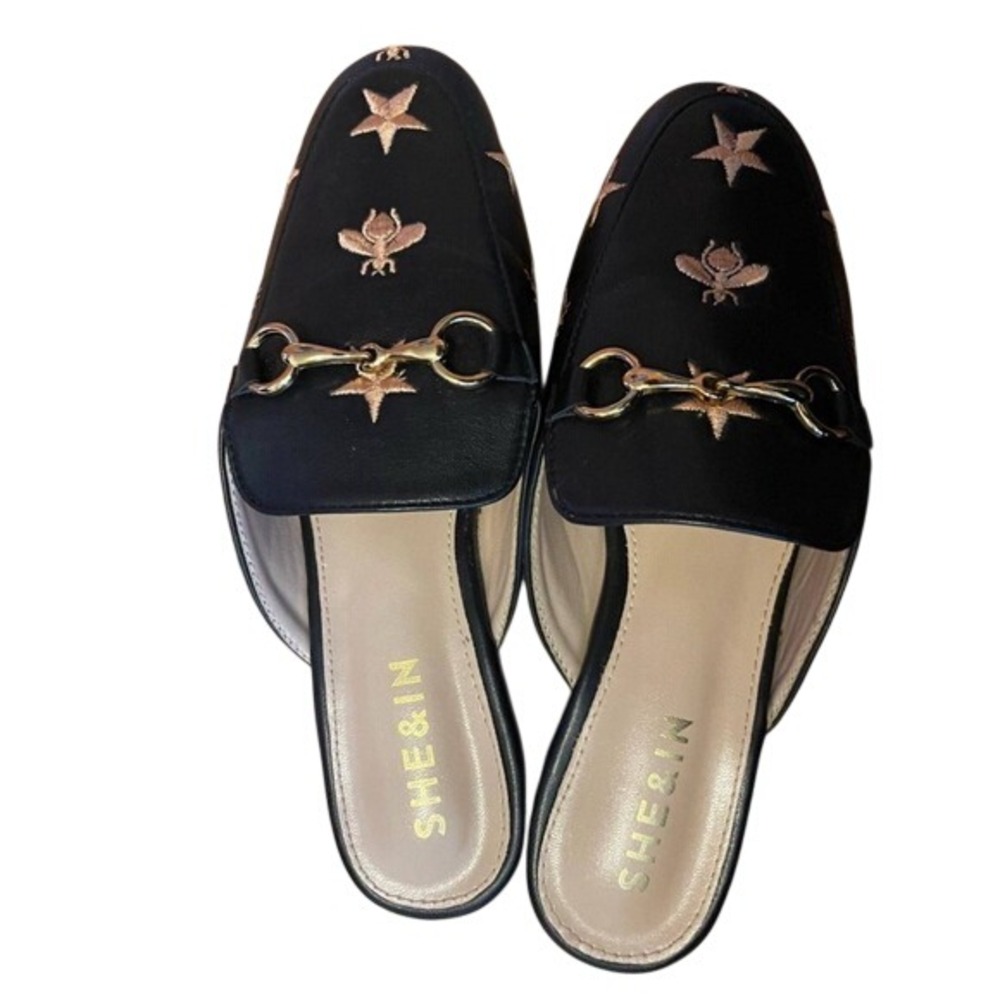 Size 5 Black Embroidered Bee Star Horsebit Backless Loafer Mules Flat Shoes